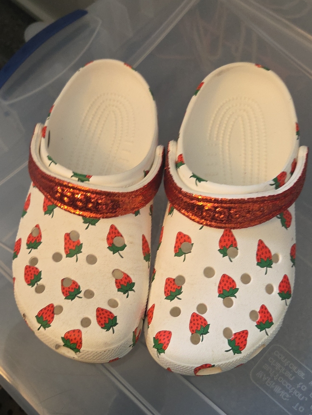 Kids White Clog Shoes with Red Strawberry Print and Glitter Strap